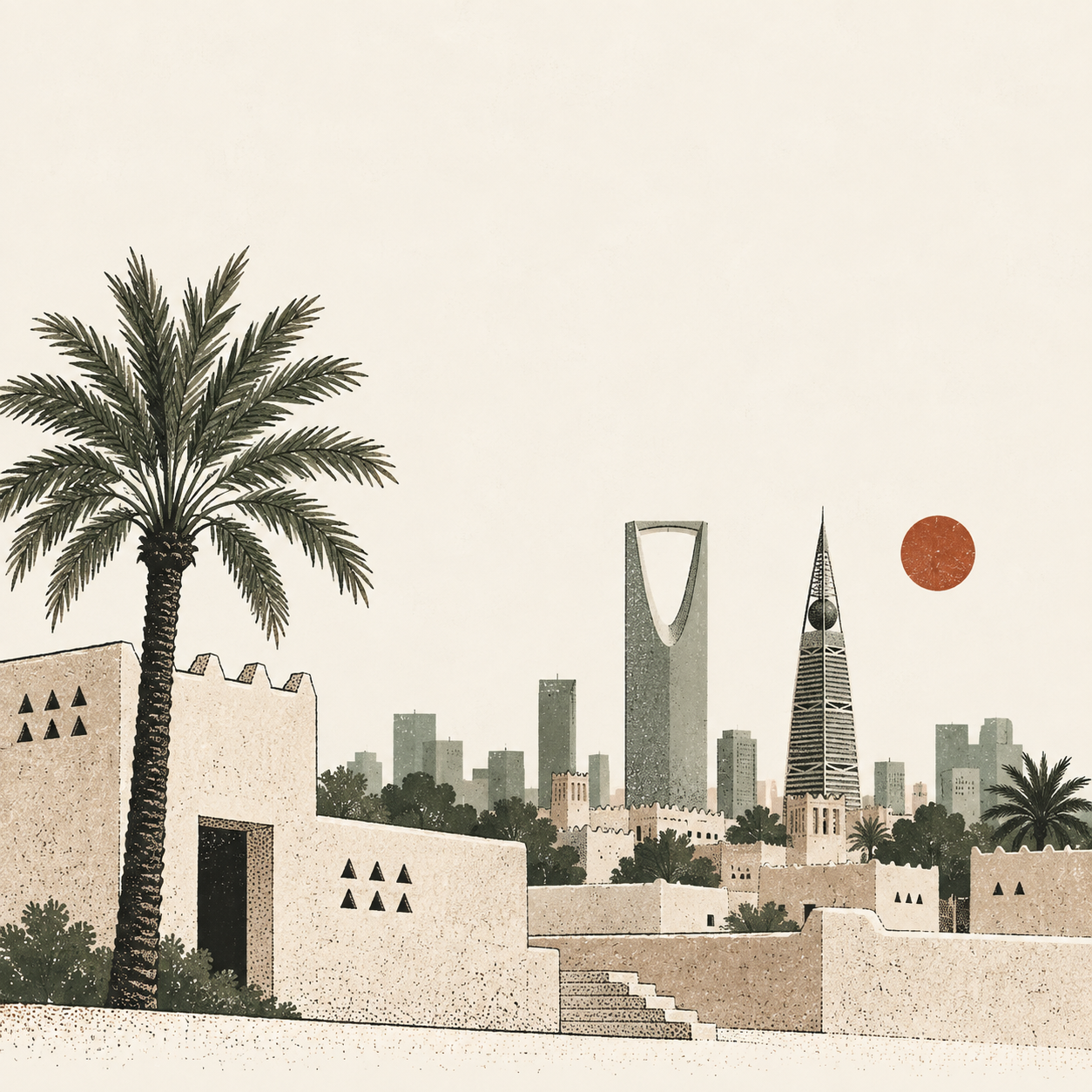 رسم حِبري لمعالم الرياض ونخيلها وعمارتها النجدية في الصباح